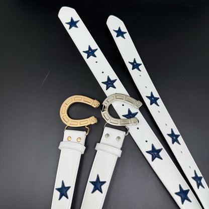 Punk Color Block Belt In White & Blue With Alloy Snap Buckle, Made Of PU Leather