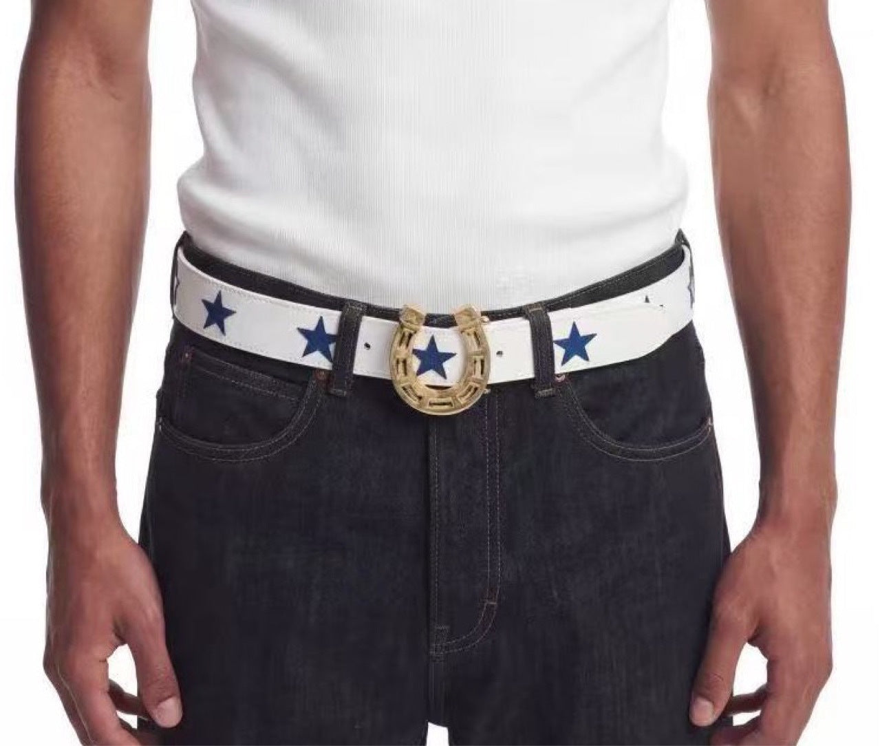 Punk Color Block Belt In White & Blue With Alloy Snap Buckle, Made Of PU Leather