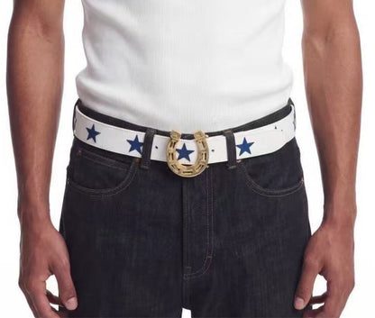 Punk Color Block Belt In White & Blue With Alloy Snap Buckle, Made Of PU Leather