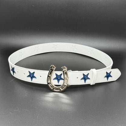 Punk Color Block Belt In White & Blue With Alloy Snap Buckle, Made Of PU Leather