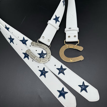 Punk Color Block Belt In White & Blue With Alloy Snap Buckle, Made Of PU Leather