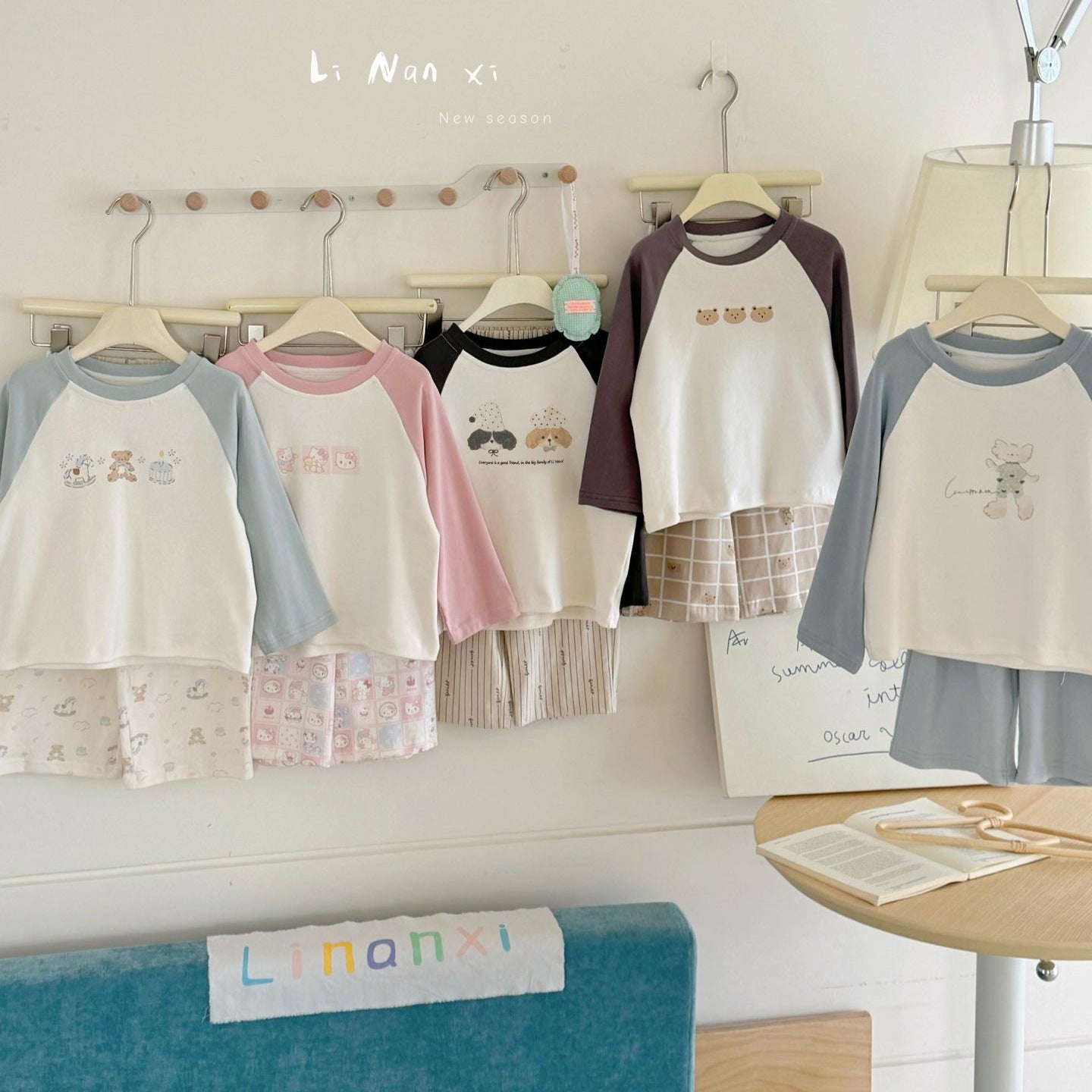 Children Unisex Autumn Animal Pattern Cotton Round Neck Long Sleeve Home Clothes Set In Blue