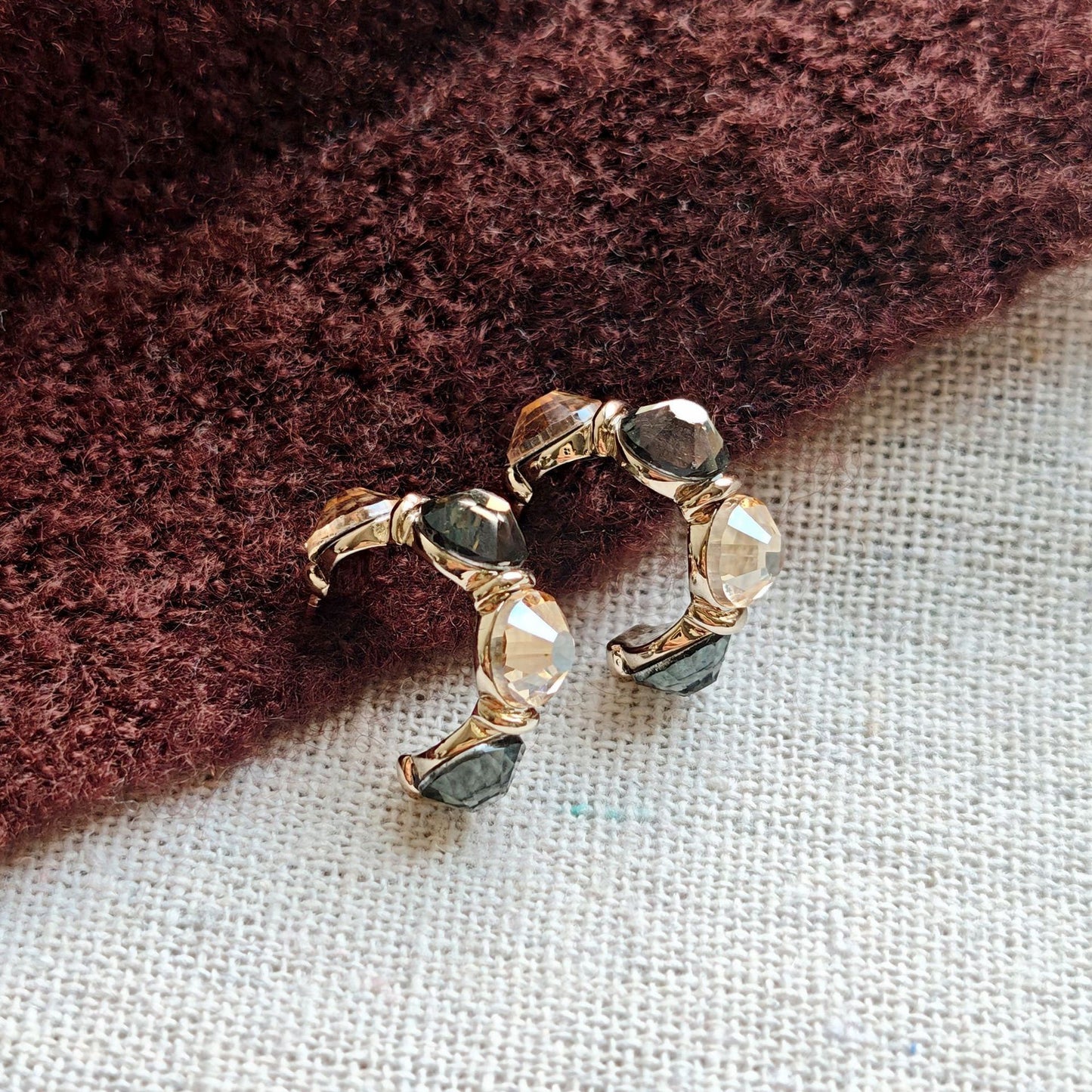 Geometric Earrings For Women In Grey Copper With Zircon Inlay, Real Gold Plated