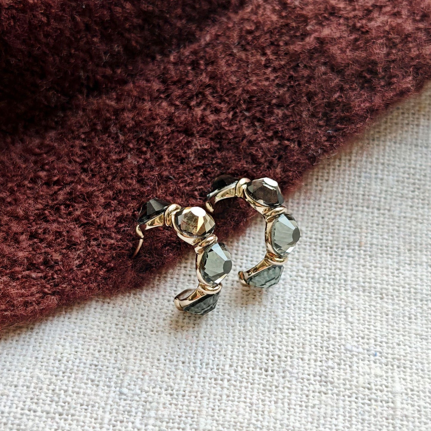 Geometric Earrings For Women In Grey Copper With Zircon Inlay, Real Gold Plated