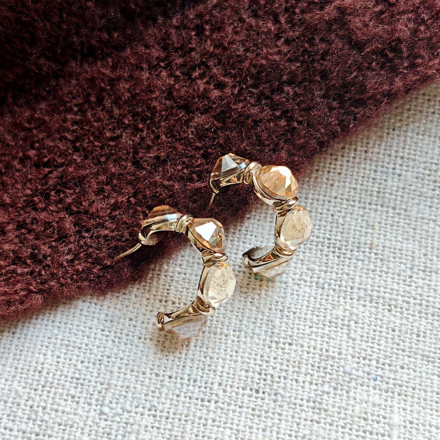 Geometric Earrings For Women In Grey Copper With Zircon Inlay, Real Gold Plated