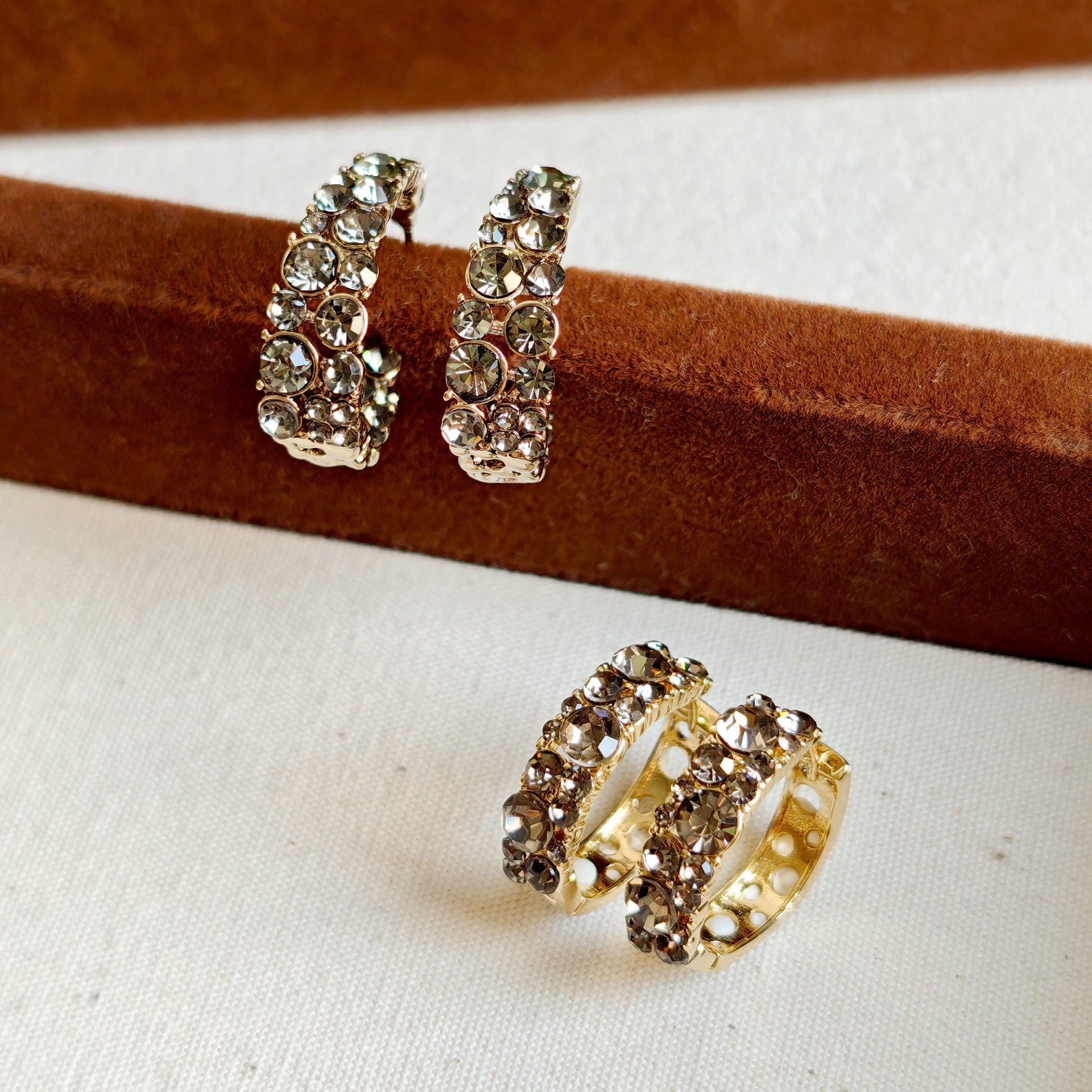 Geometric Earrings For Women In Grey Copper With Zircon Inlay, Real Gold Plated