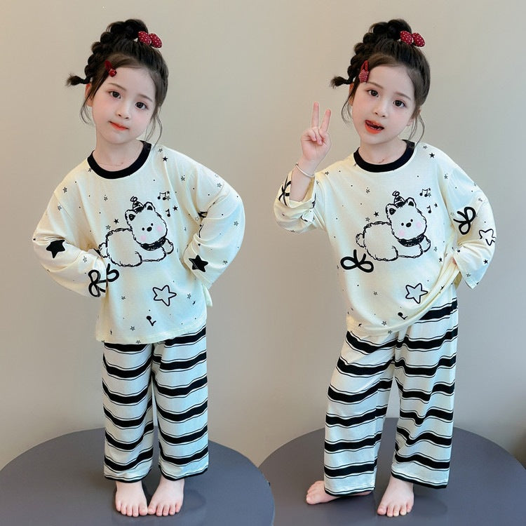 Cute Cartoon Girl's Children's Home Clothes Set In Modal Fabric With Round Neck And Long Sleeves For Spring
