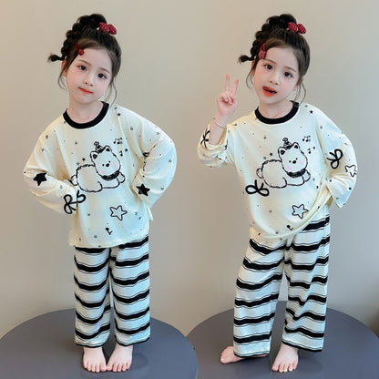 Cute Cartoon Girl's Children's Home Clothes Set In Modal Fabric With Round Neck And Long Sleeves For Spring