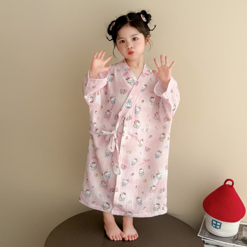 Cute Cartoon Girl's Cotton Blend Long Sleeve Nightgown In Natural Pink For Spring And Summer