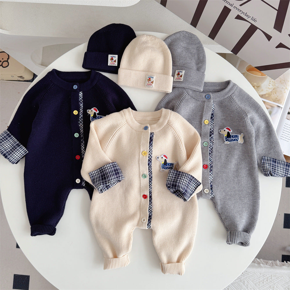Knitted Cotton Dog Pant Co-ord Set For Kids In Navy Blue, 2 Pieces Set With Hooded Design
