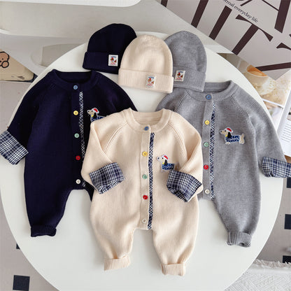 Knitted Cotton Dog Pant Co-ord Set For Kids In Navy Blue, 2 Pieces Set With Hooded Design
