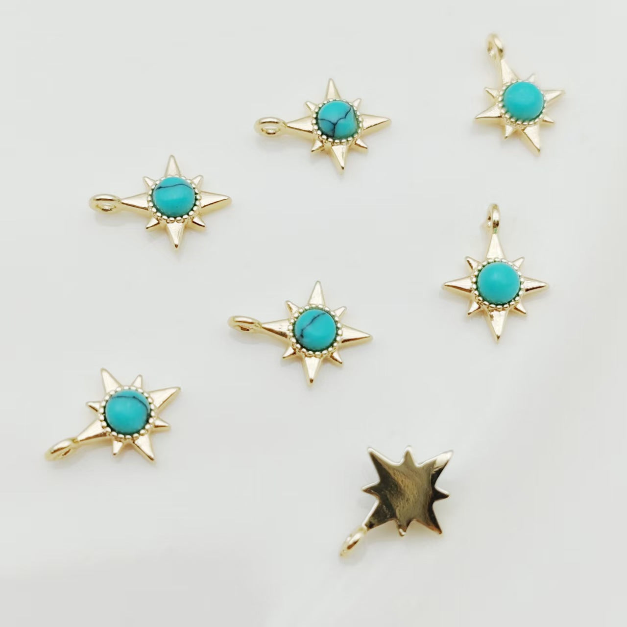 Sun Pendant In Copper With Turquoise Inlay, Featuring Electroplated Gold Finish For DIY Jewelry Making