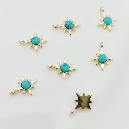 Sun Pendant In Copper With Turquoise Inlay, Featuring Electroplated Gold Finish For DIY Jewelry Making