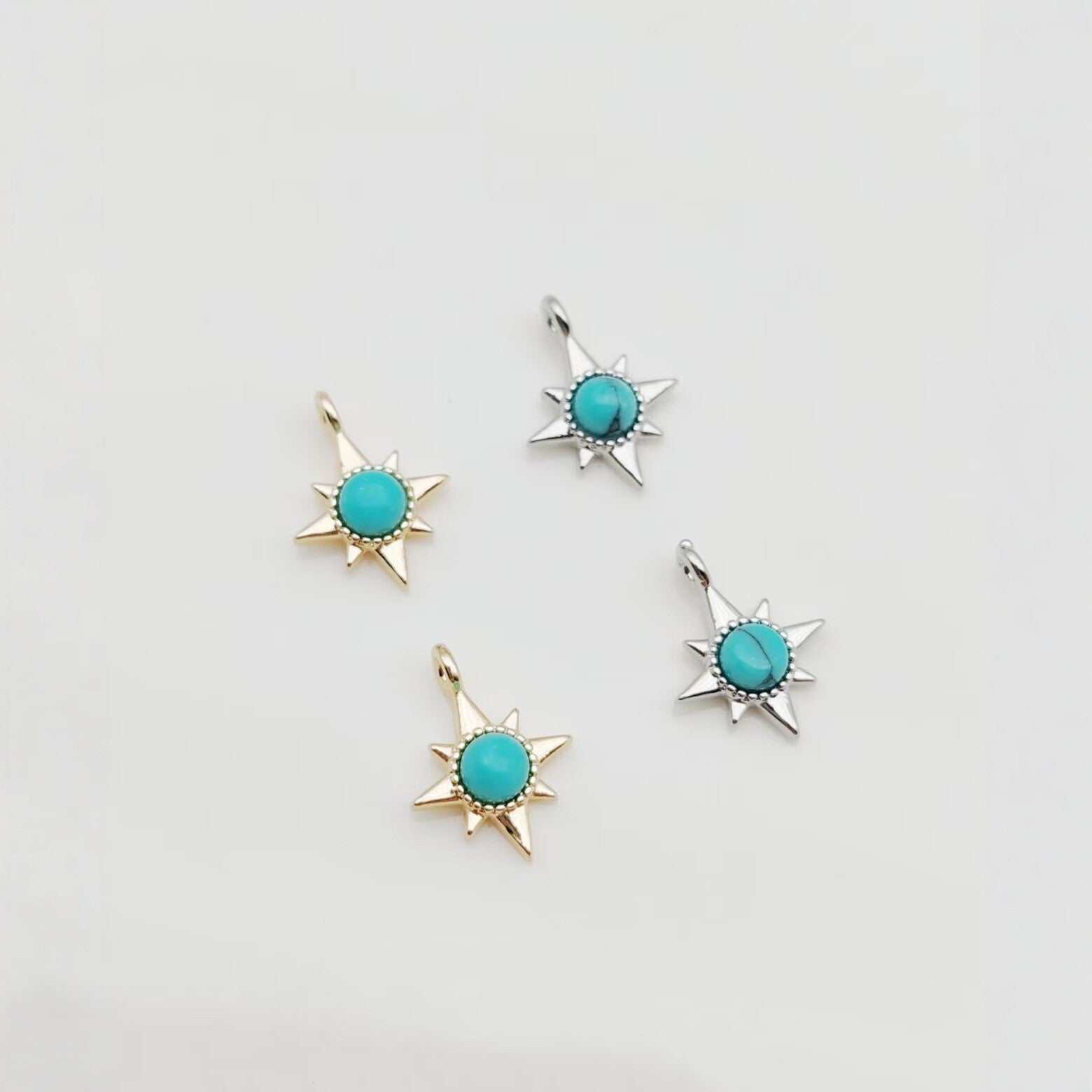 Sun Pendant In Copper With Turquoise Inlay, Featuring Electroplated Gold Finish For DIY Jewelry Making