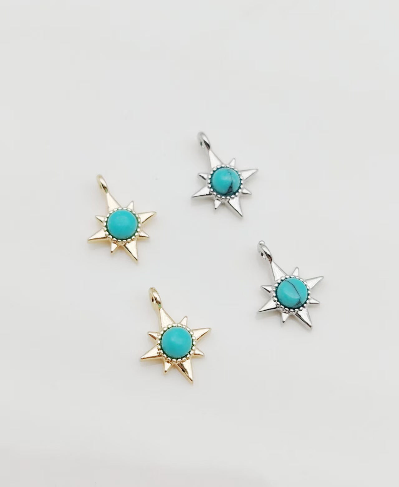 Sun Pendant In Copper With Turquoise Inlay, Featuring Electroplated Gold Finish For DIY Jewelry Making