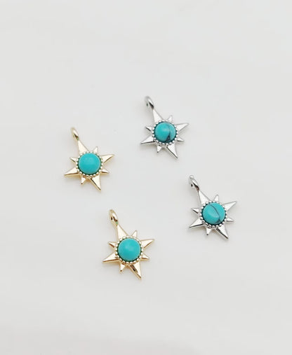 Sun Pendant In Copper With Turquoise Inlay, Featuring Electroplated Gold Finish For DIY Jewelry Making
