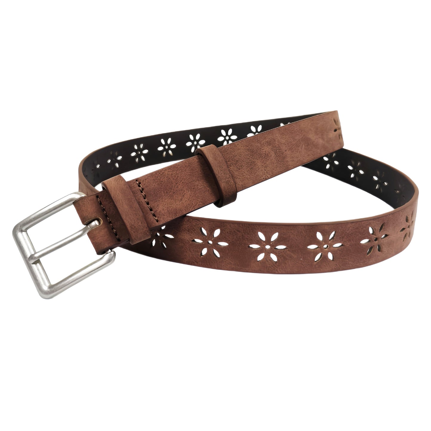Original Design Women’s PU Leather Belt With Frosted Surface Featuring Alloy Pin Buckle And Floral Pattern