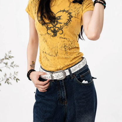 Original Design Unisex PU Leather Belt With Alloy Pin Buckle Featuring Flowers Pattern