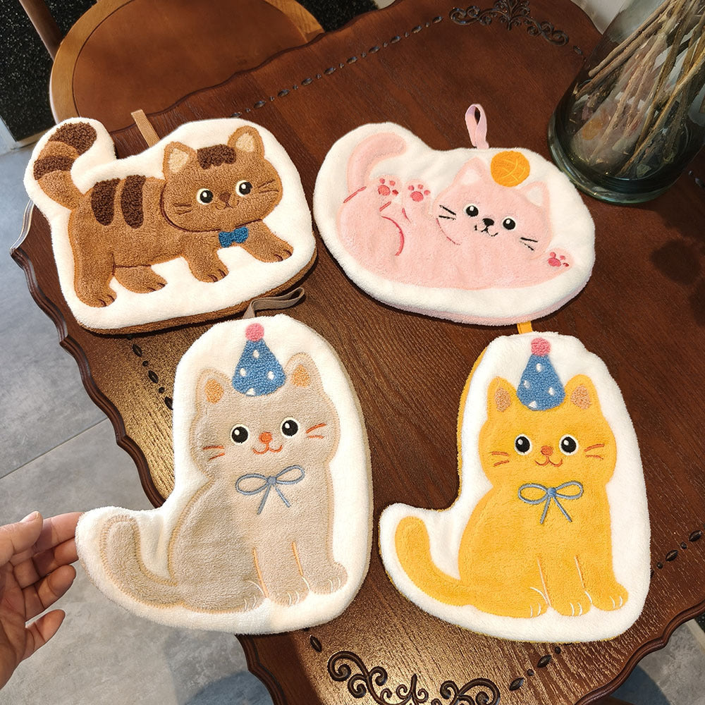 Cute Cat Pattern Coral Fleece Towels, Soft And Absorbent Hand Towels For Home Use