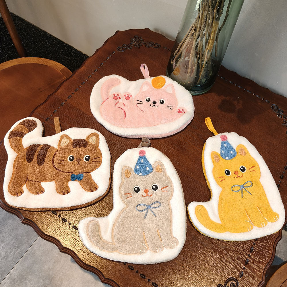 Cute Cat Pattern Coral Fleece Towels, Soft And Absorbent Hand Towels For Home Use