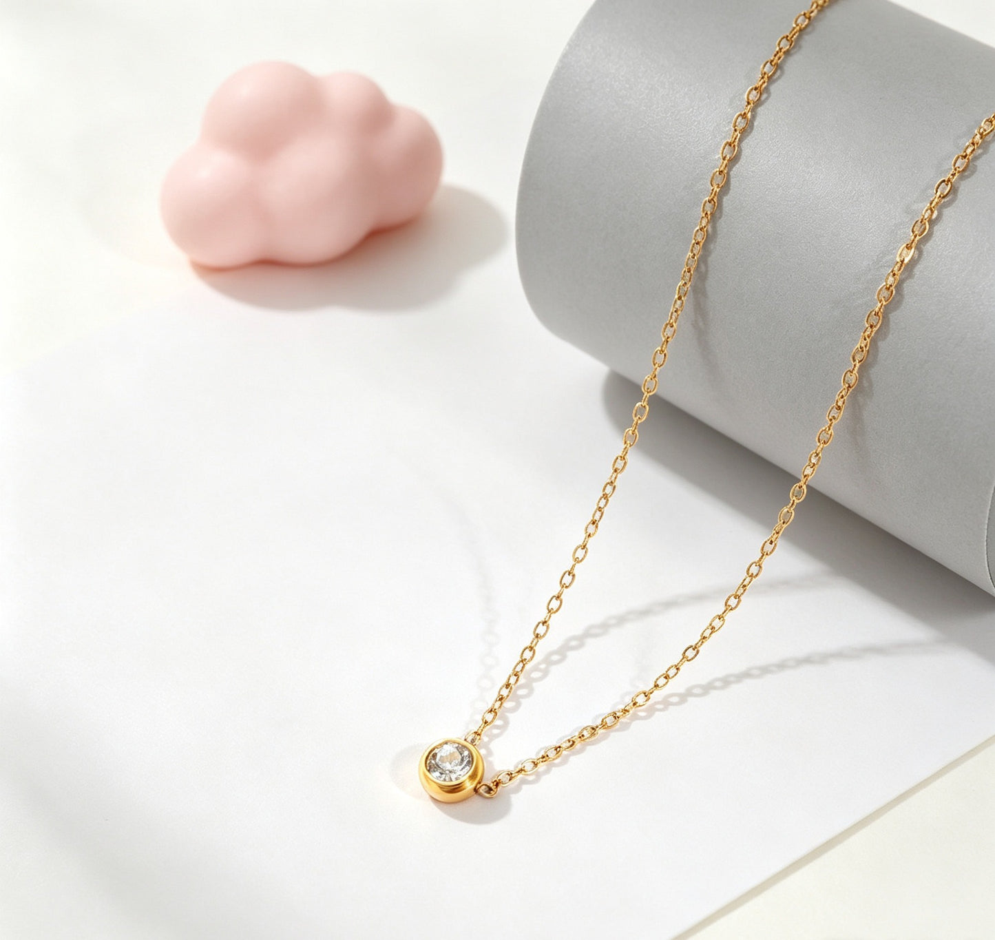 Sweet Geometric Pendant Necklace In Titanium Steel With 18K Real Gold Plated PVD Coating And Zircon Inlay, Waterproof Non Tarnish