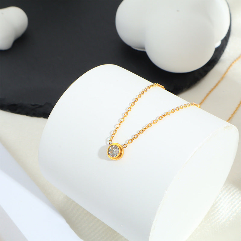 Sweet Geometric Pendant Necklace In Titanium Steel With 18K Real Gold Plated PVD Coating And Zircon Inlay, Waterproof Non Tarnish