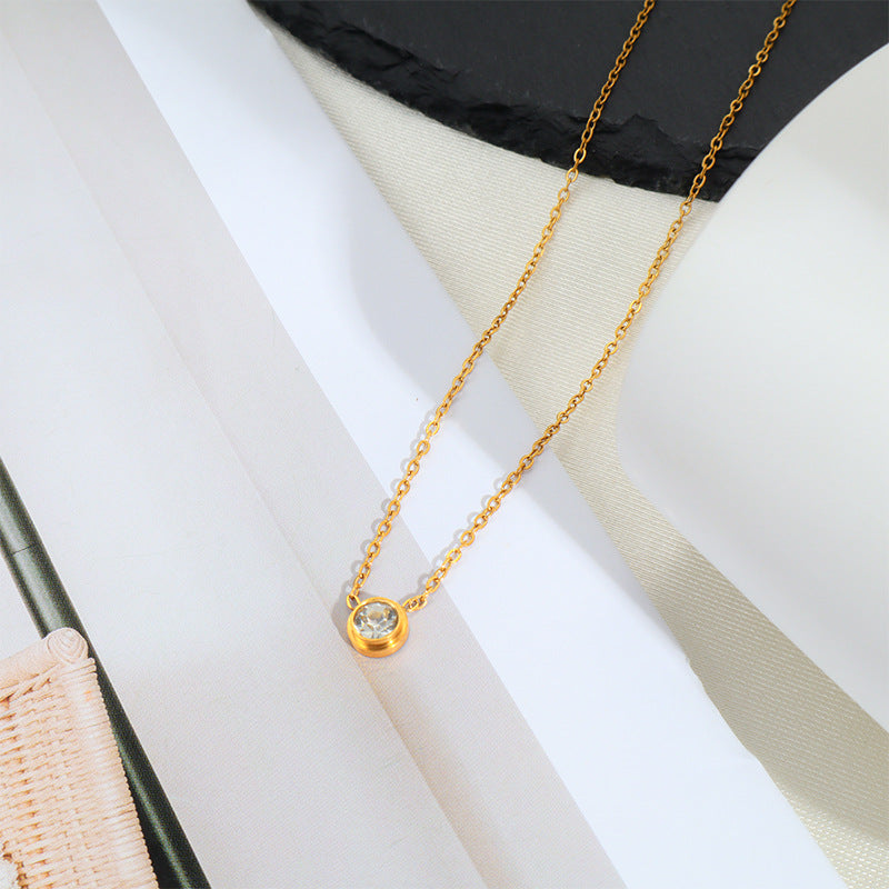 Sweet Geometric Pendant Necklace In Titanium Steel With 18K Real Gold Plated PVD Coating And Zircon Inlay, Waterproof Non Tarnish