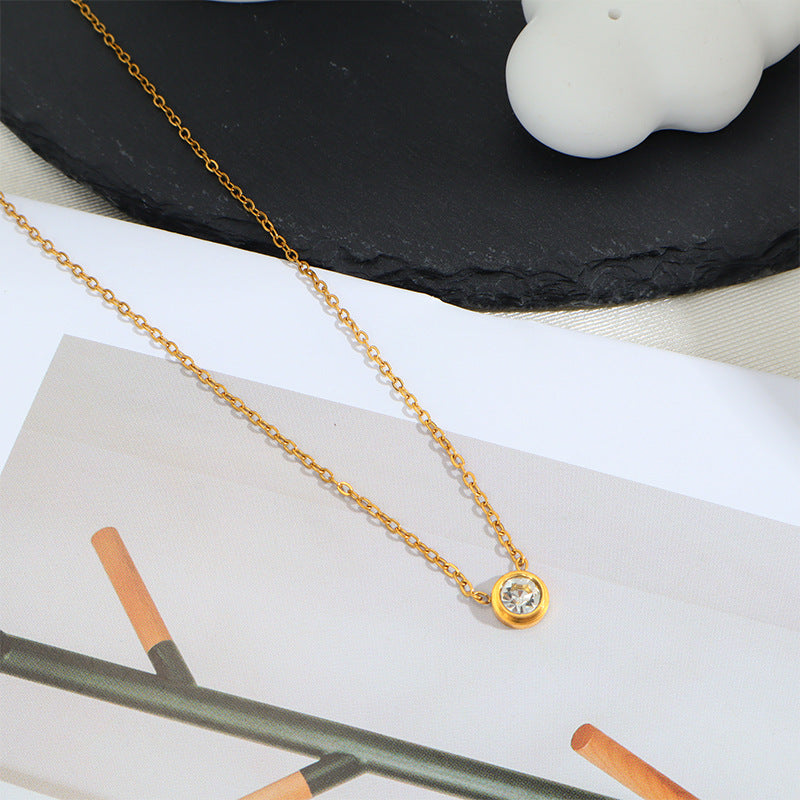 Sweet Geometric Pendant Necklace In Titanium Steel With 18K Real Gold Plated PVD Coating And Zircon Inlay, Waterproof Non Tarnish