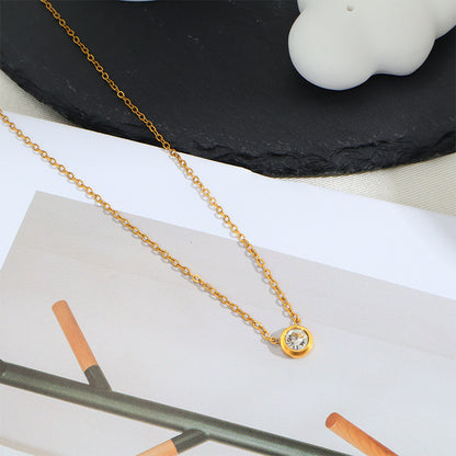 Sweet Geometric Pendant Necklace In Titanium Steel With 18K Real Gold Plated PVD Coating And Zircon Inlay, Waterproof Non Tarnish