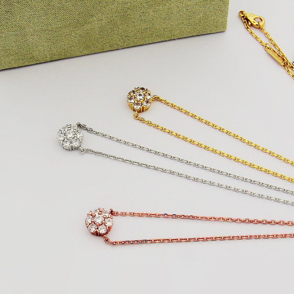 Sweet Flowers Necklace In Silver Copper With Rhinestone Inlay, Elegant Floral Design Jewelry