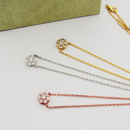 Sweet Flowers Necklace In Silver Copper With Rhinestone Inlay, Elegant Floral Design Jewelry