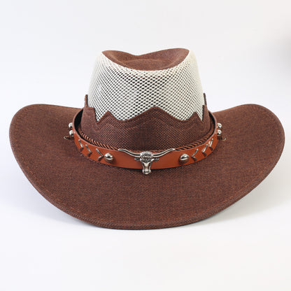 Unisex Cowboy Style Solid Color Straw Hat With Wide Brim, Breathable Design Featuring Braid Craftsmanship