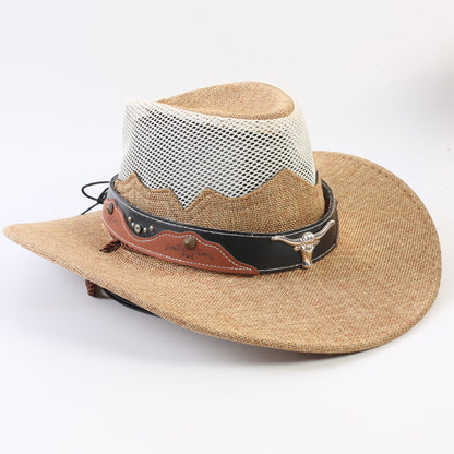 Unisex Cowboy Style Solid Color Straw Hat With Wide Brim, Breathable Design Featuring Braid Craftsmanship