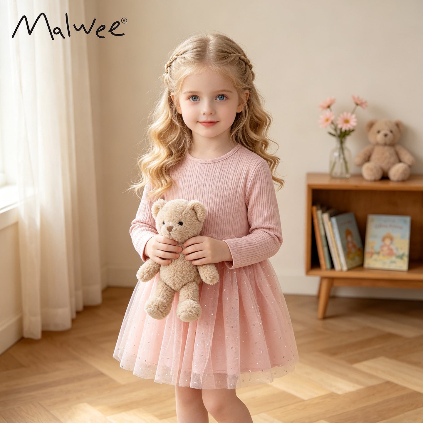 Princess Style Girl's Animal Pattern Cotton Dress With Puff Long Sleeves For Toddlers 3-6 Years