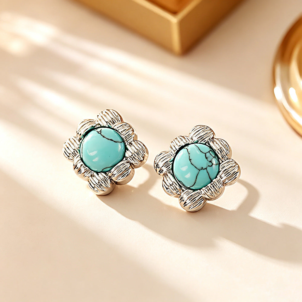 Square Stud Earrings For Women With 925 Sterling Silver Posts, Copper Base, And Real Gold Plated Turquoise Inlay