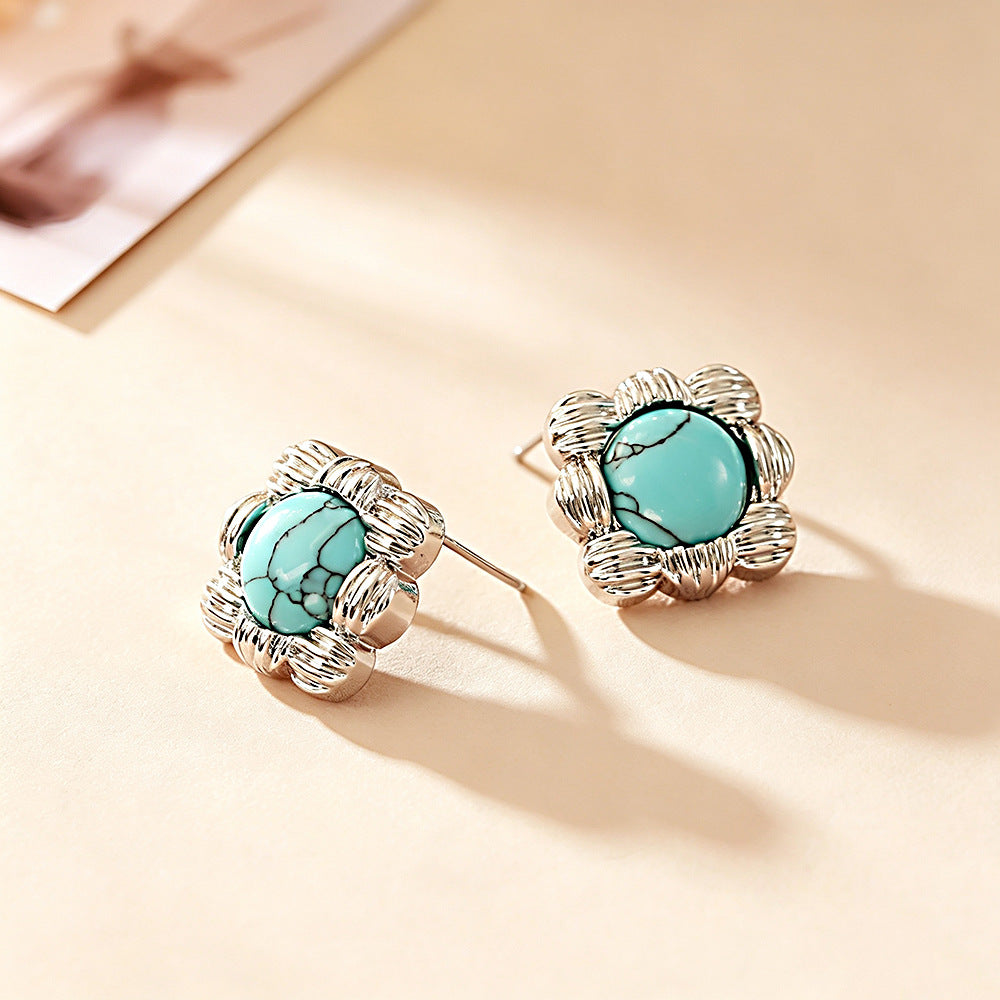 Square Stud Earrings For Women With 925 Sterling Silver Posts, Copper Base, And Real Gold Plated Turquoise Inlay