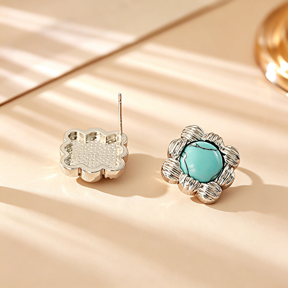 Square Stud Earrings For Women With 925 Sterling Silver Posts, Copper Base, And Real Gold Plated Turquoise Inlay