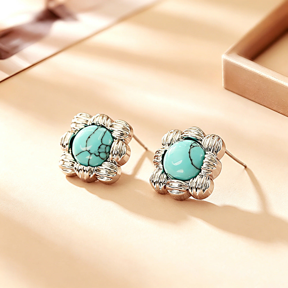 Square Stud Earrings For Women With 925 Sterling Silver Posts, Copper Base, And Real Gold Plated Turquoise Inlay