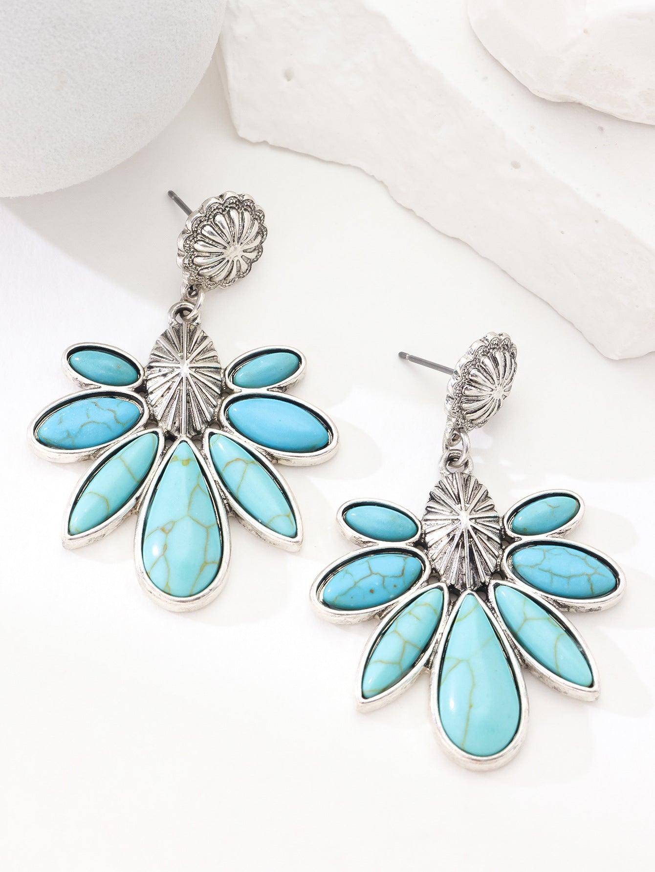 Bohemian Tribal Drop Earrings For Women In Blue Zinc Alloy With Turquoise Inlay