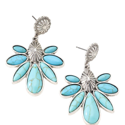 Bohemian Tribal Drop Earrings For Women In Blue Zinc Alloy With Turquoise Inlay