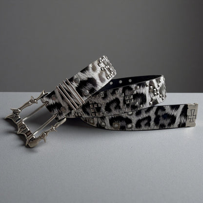 Leopard Print Punk Belt With Alloy Pin Buckle, Dyed Black PU Leather Strap