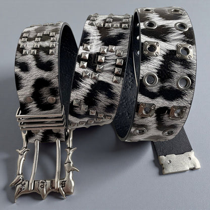 Leopard Print Punk Belt With Alloy Pin Buckle, Dyed Black PU Leather Strap