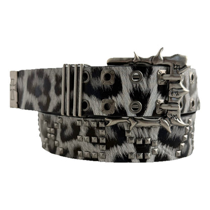 Leopard Print Punk Belt With Alloy Pin Buckle, Dyed Black PU Leather Strap