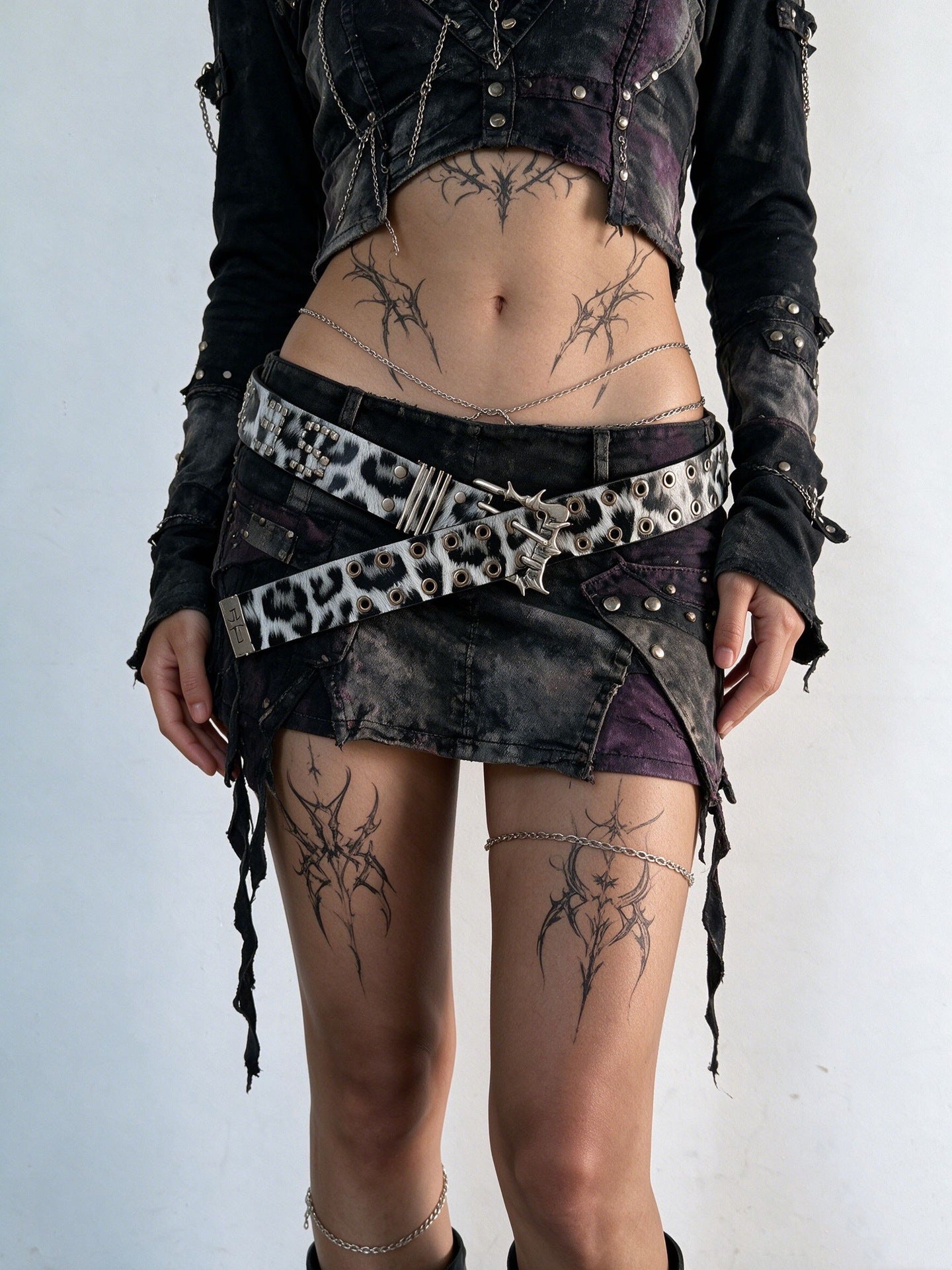 Leopard Print Punk Belt With Alloy Pin Buckle, Dyed Black PU Leather Strap