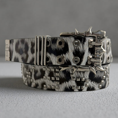Leopard Print Punk Belt With Alloy Pin Buckle, Dyed Black PU Leather Strap