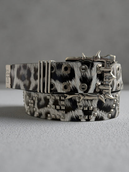 Leopard Print Punk Belt With Alloy Pin Buckle, Dyed Black PU Leather Strap