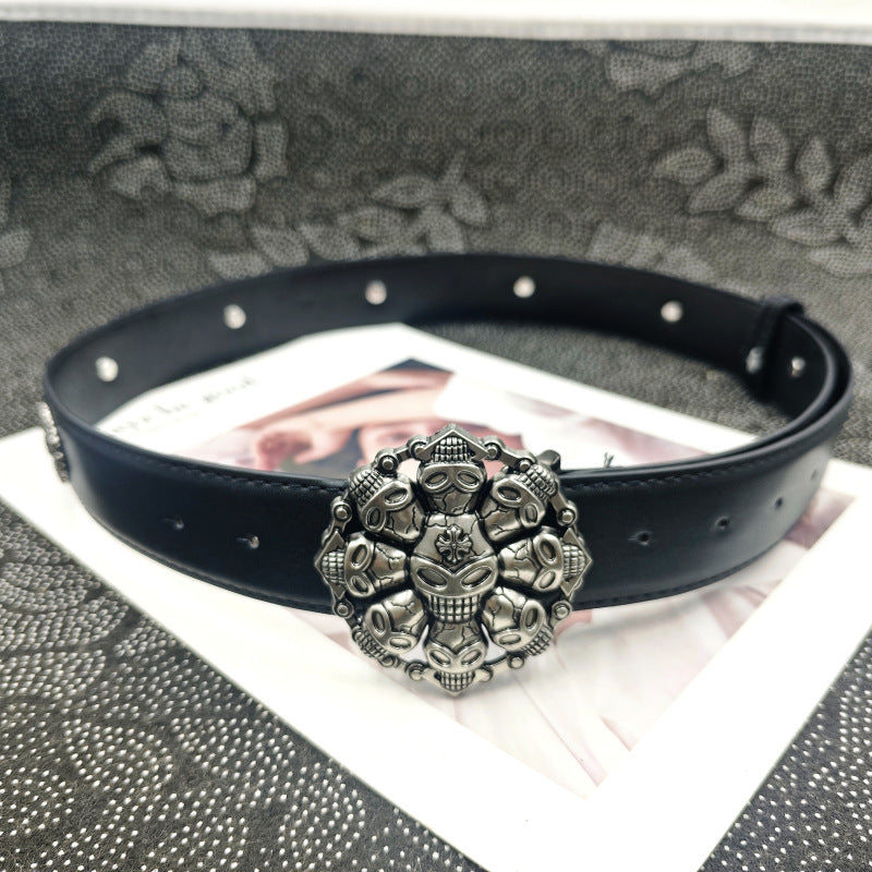 Punk Skull Belt With Snap Buckle In Dyed Black PU Leather Featuring Alloy Buckle Material