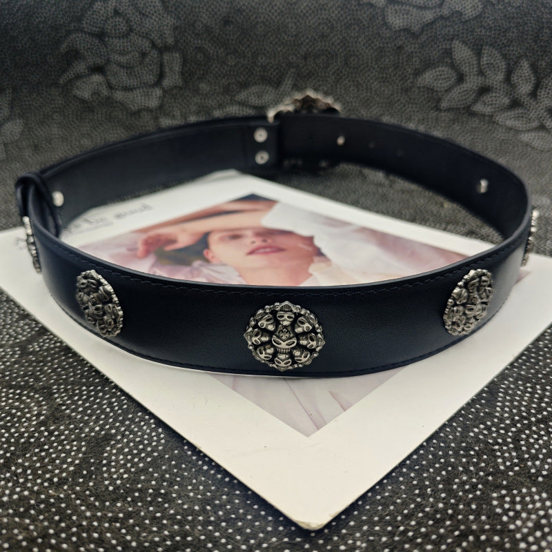 Punk Skull Belt With Snap Buckle In Dyed Black PU Leather Featuring Alloy Buckle Material