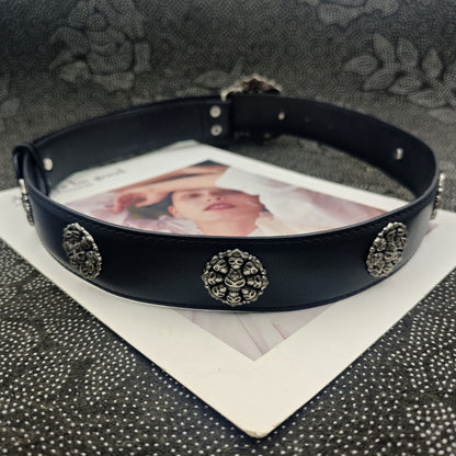 Punk Skull Belt With Snap Buckle In Dyed Black PU Leather Featuring Alloy Buckle Material