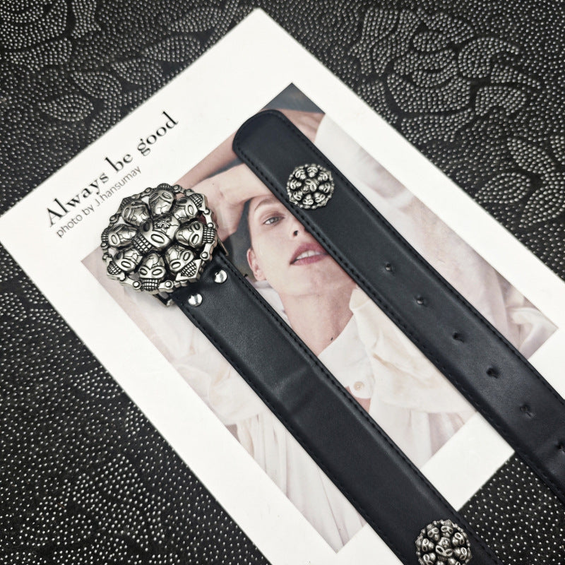 Punk Skull Belt With Snap Buckle In Dyed Black PU Leather Featuring Alloy Buckle Material